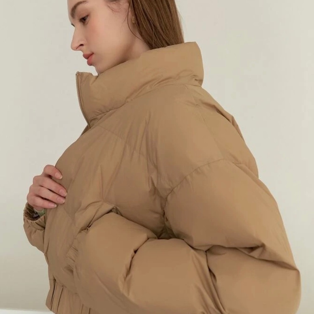 SHEIN coldbreaker zipper up elastic hem crop hem puffer coat colour: camel